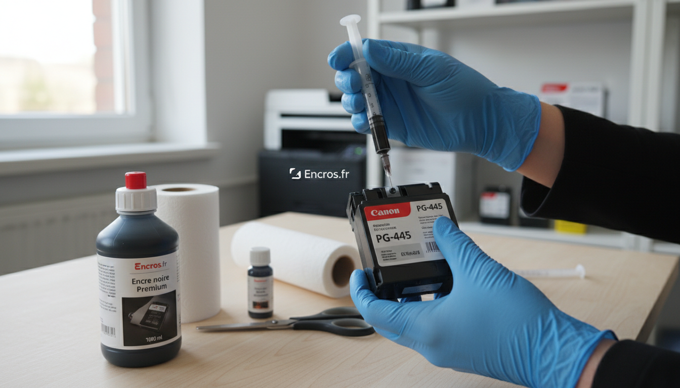 Illustration editoriale pour "Comment recharger une cartouche Canon PG-445 noire" - Encros.fr