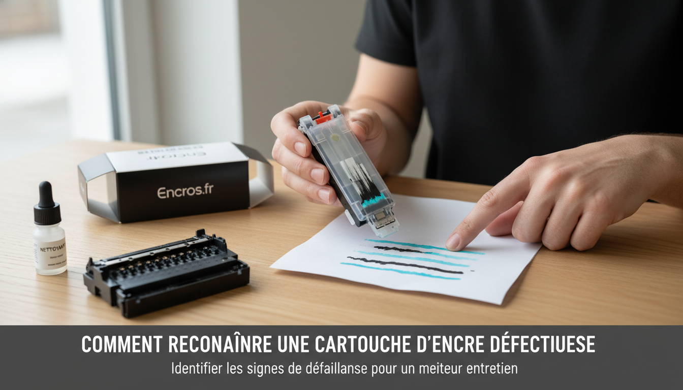 Illustration editoriale pour "Comment reconnaître une cartouche d'encre défectueuse" - Encros.fr