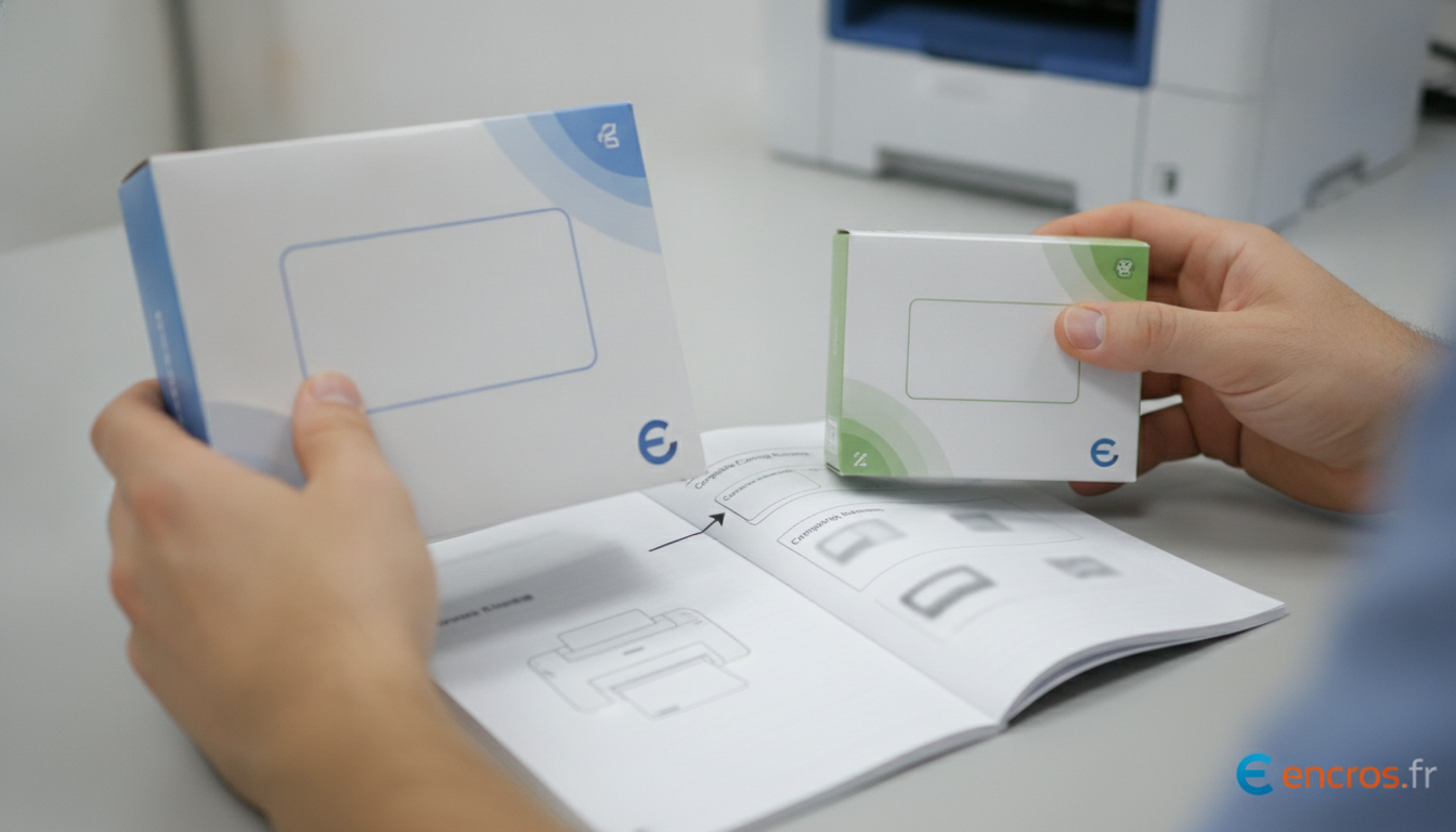 Cartouche HP posée près d’une imprimante avec étiquette de référence et code modèle visibles