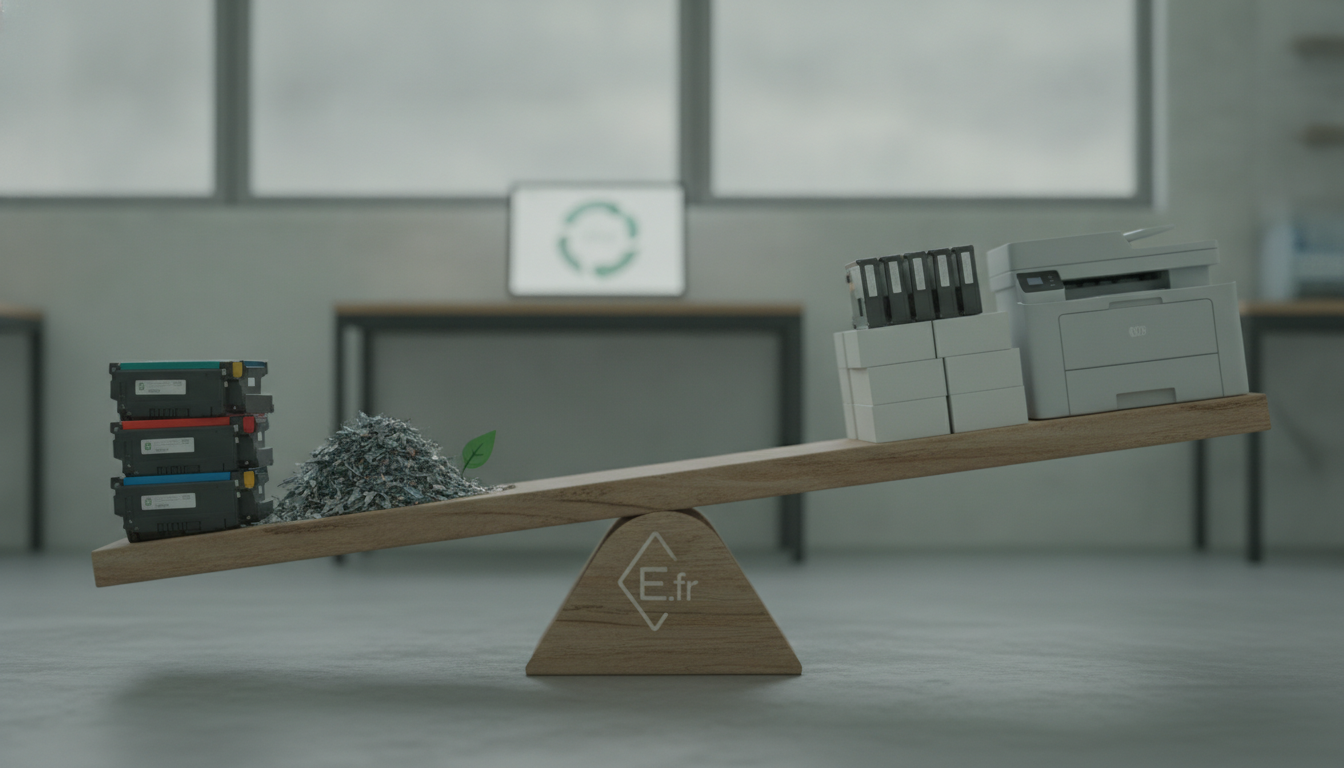 Une bascule posée sur une table, avec une cartouche d’imprimante d’un côté et des éléments de recyclage de l’autre, sur fond neutre.