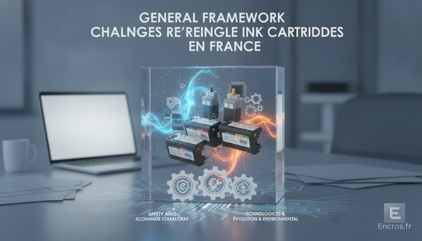 Tableau et cartouches rechargeables sur un poste de travail avec un pictogramme de sécurité.