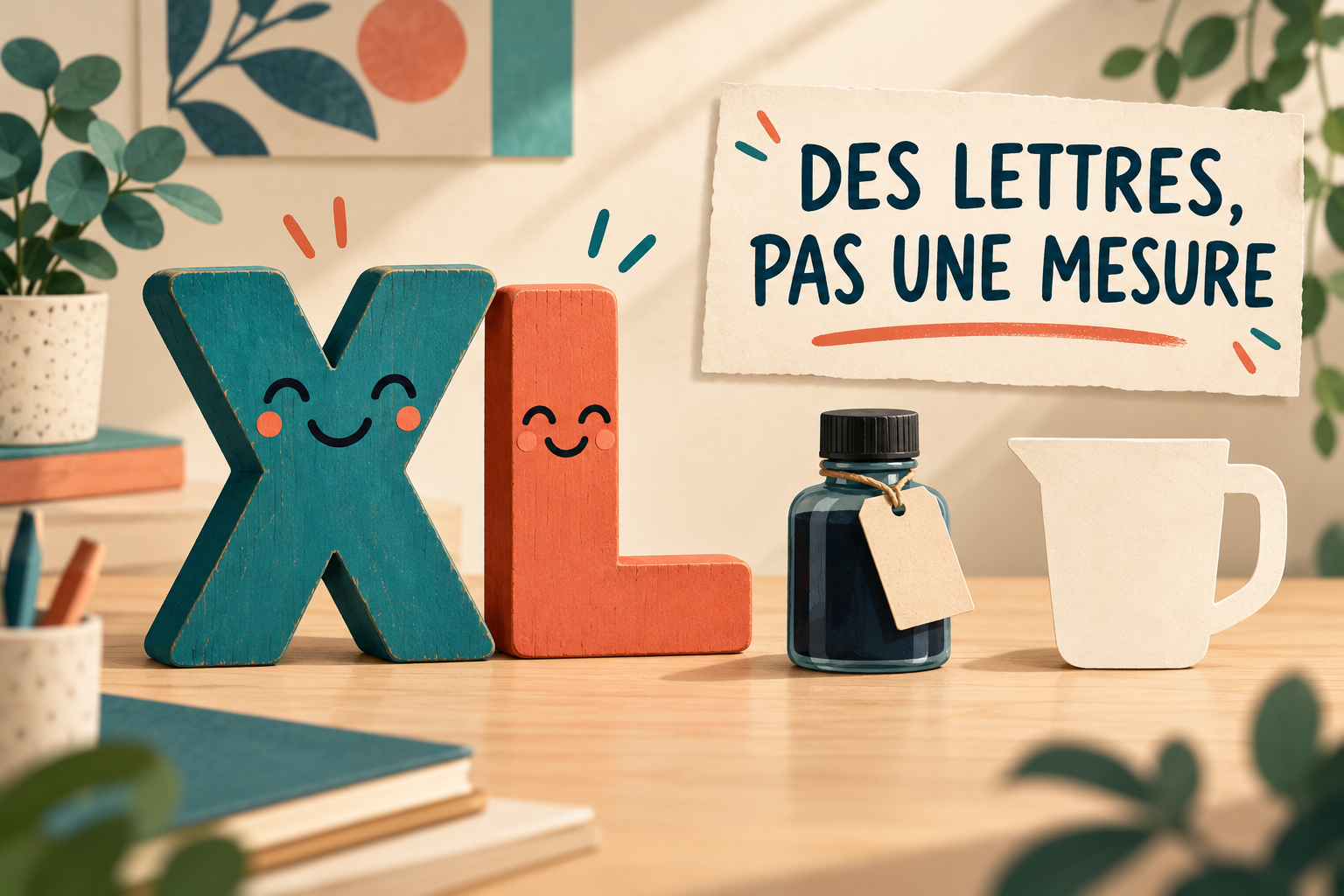 Illustration conceptuelle de grandes lettres XL et d’une petite étiquette de quantité, sans cartouche de marque reproduite