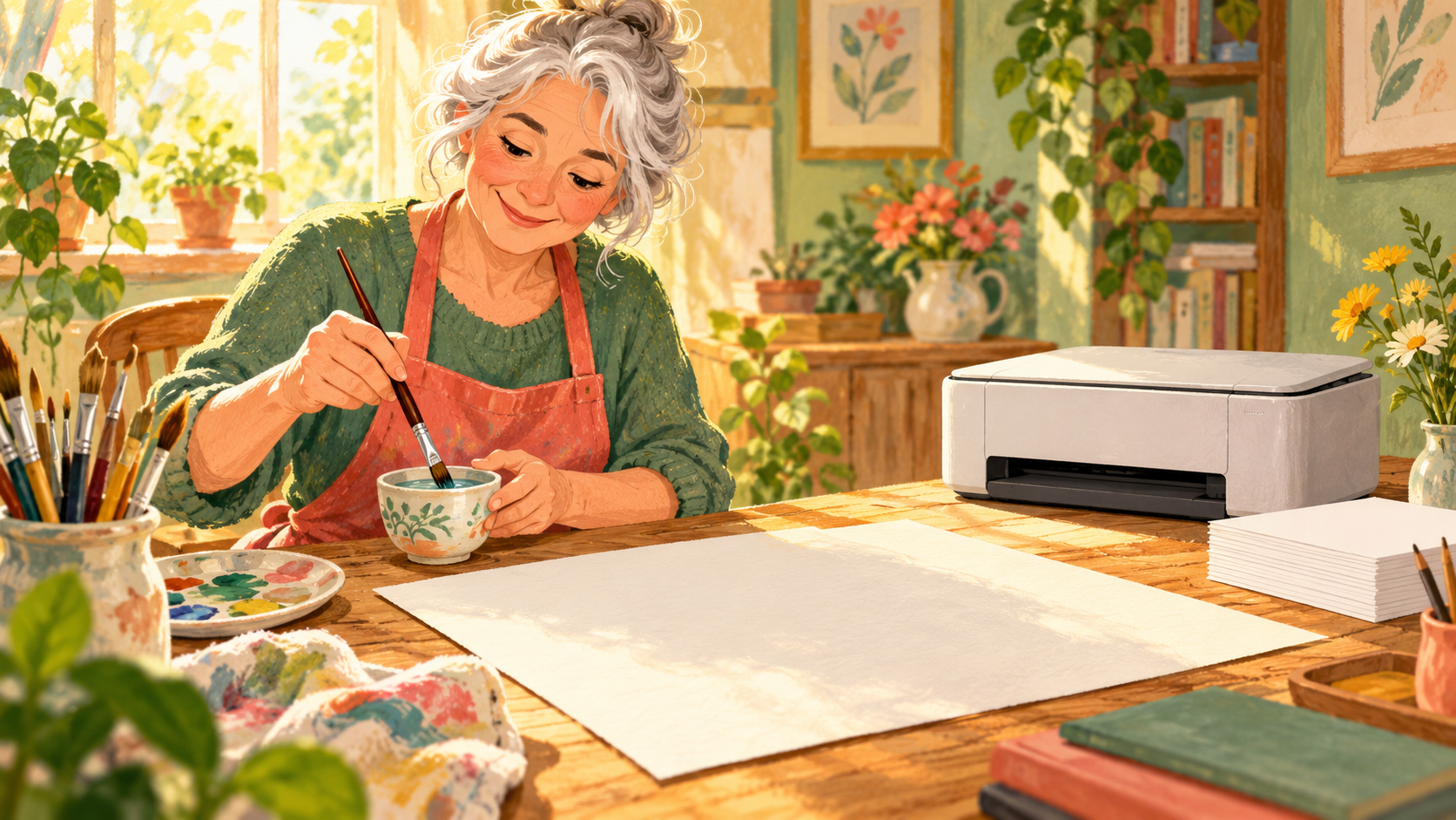 Illustration conceptuelle d’un peintre préparant son pinceau devant une feuille vierge, près d’une imprimante imaginaire