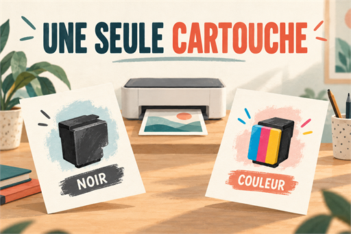 Deux cartes conceptuelles représentent séparément une cartouche noire et une cartouche trois couleurs, devant une imprimante générique