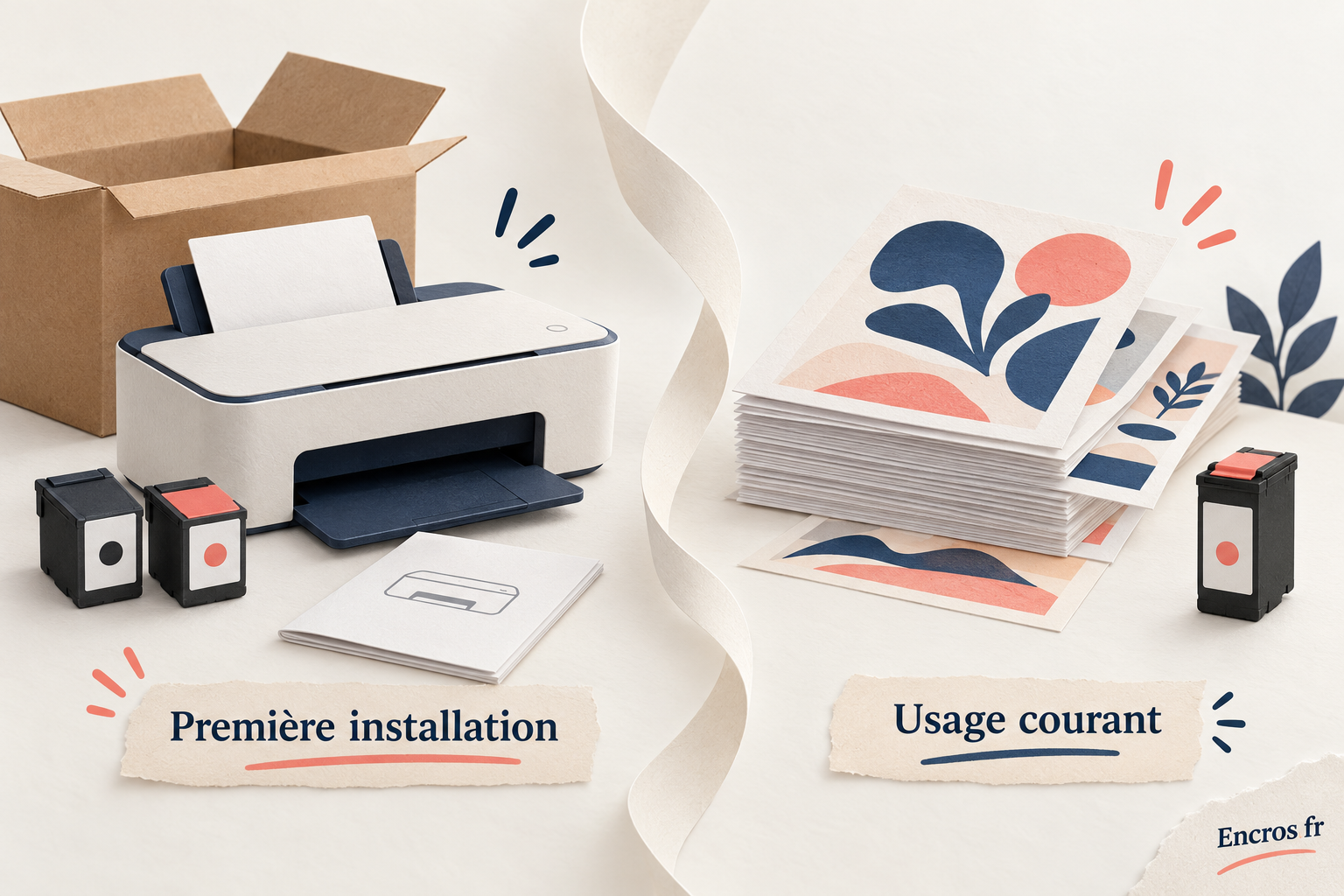Illustration conceptuelle distinguant première installation de la machine et usage courant