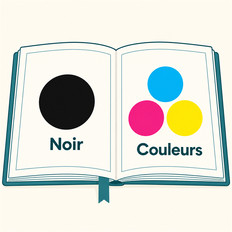 Illustration conceptuelle d'un manuel ouvert, avec un repère noir et trois repères cyan magenta jaune distincts