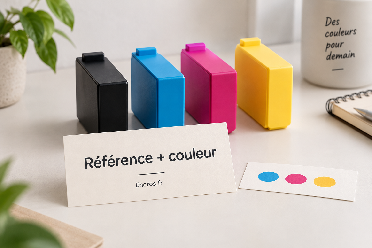 Cartouches génériques et carte Encros.fr rappelant la référence et la couleur à identifier