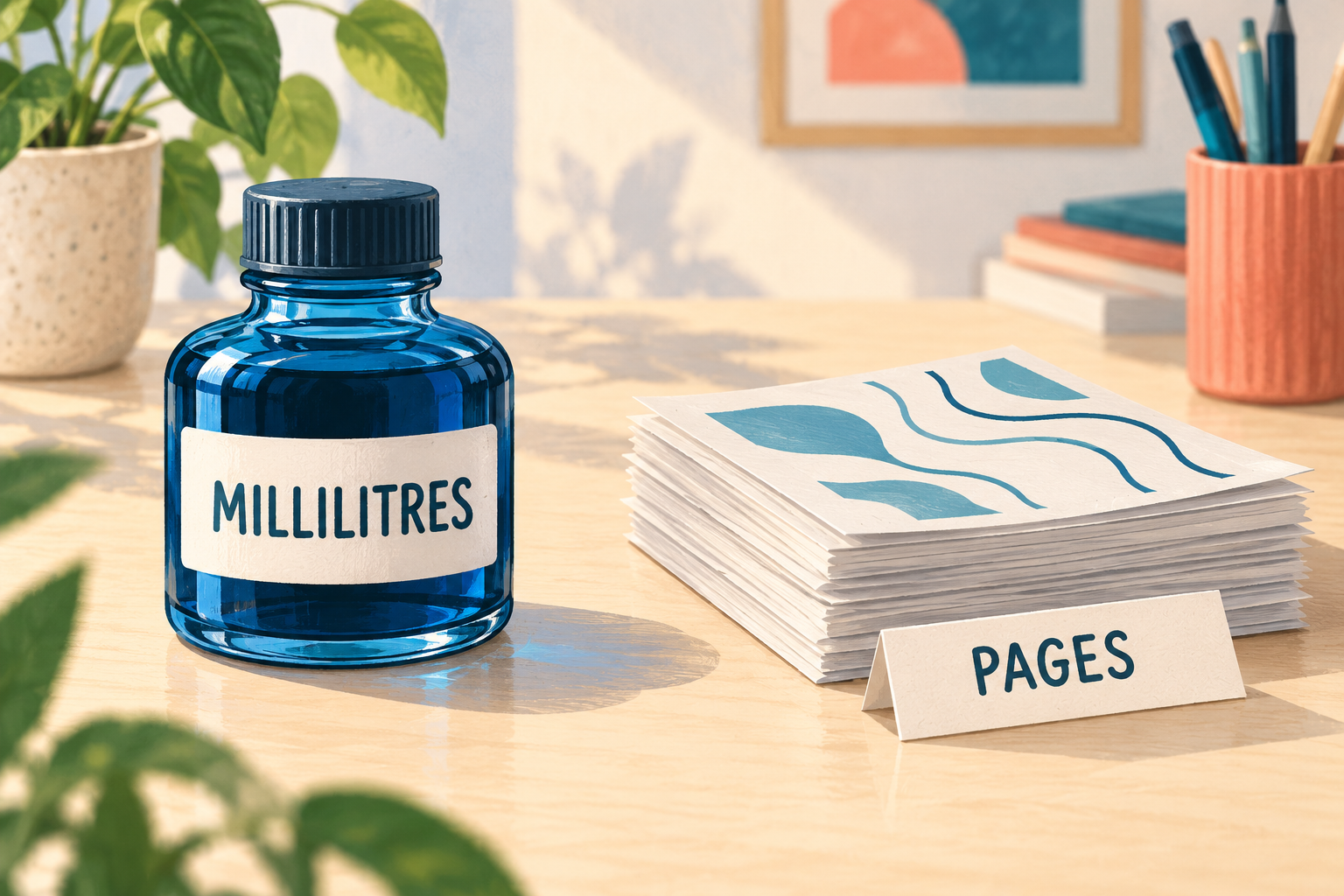 Illustration conceptuelle d’une bouteille de liquide et d’une pile de feuilles, représentant deux façons de compter différentes