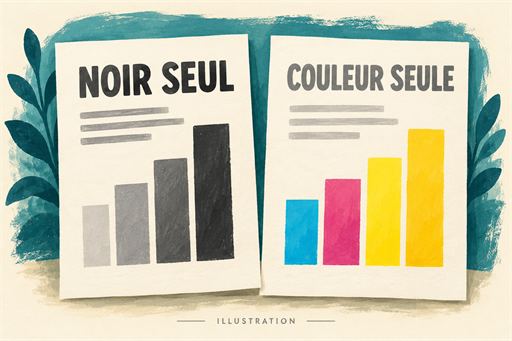 Deux feuilles dessinées opposent un graphique gris et un graphique coloré dont le texte est plus clair