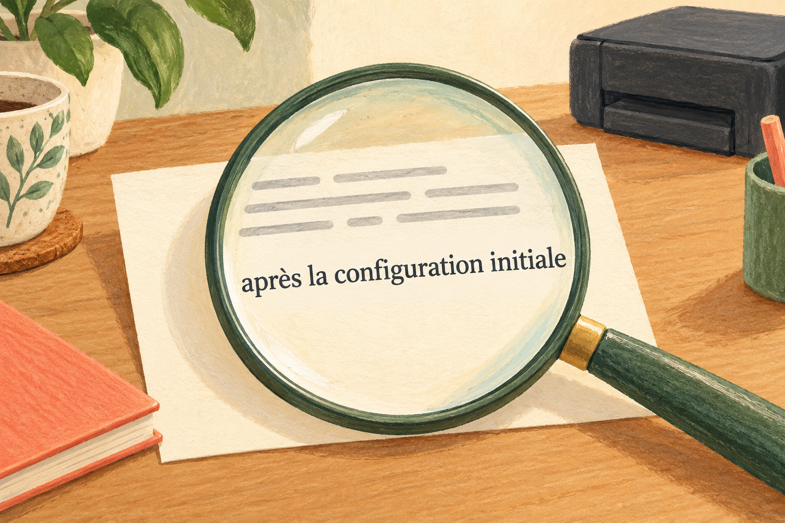 Illustration d’une loupe rendant lisible la mention après la configuration initiale sur une fiche imaginaire