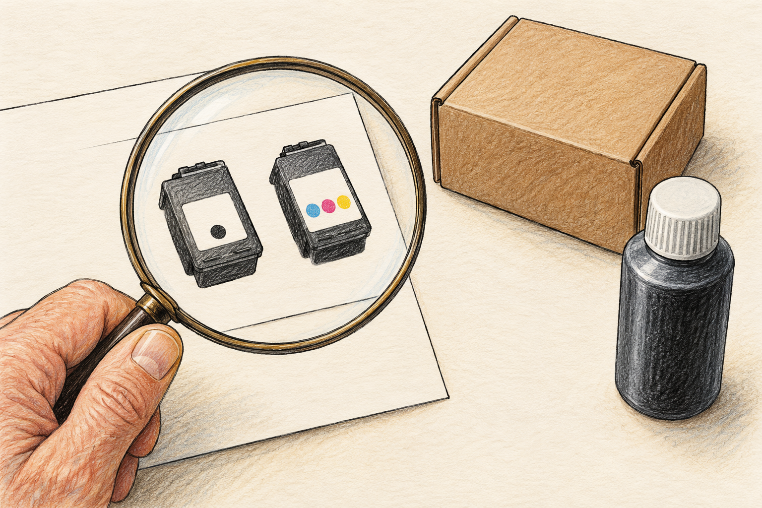 Illustration d’une loupe sur une liste de cartouches, avec un carton et un flacon fermés à côté