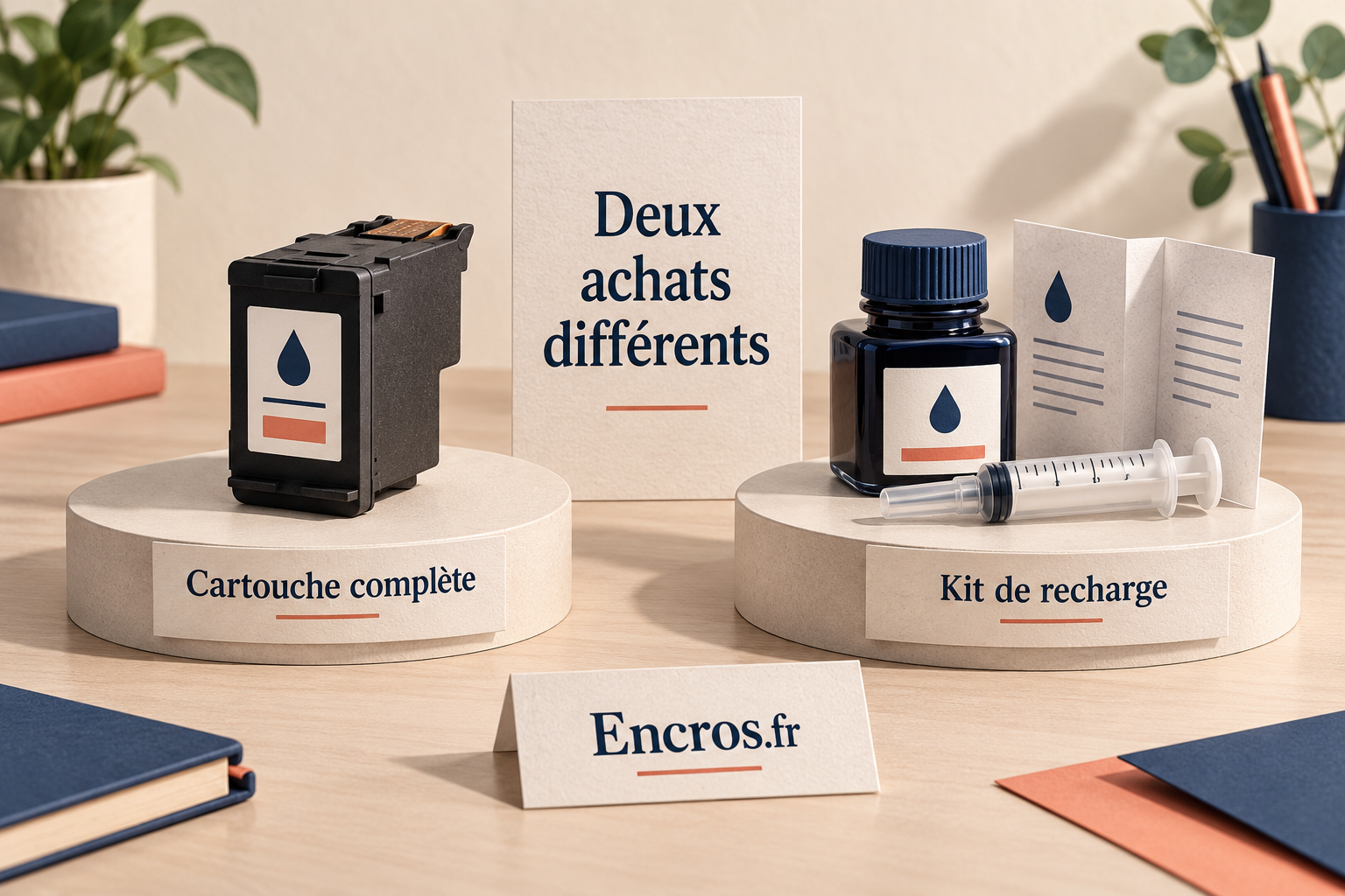 Illustration conceptuelle séparant une cartouche complète et un flacon de recharge génériques